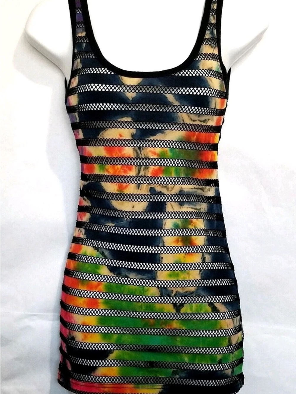 Sleeveless Black Striped Mesh Tie-Dye Bodycon Dress